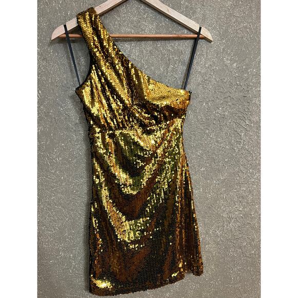 Superdown Belle Gold and Black Sequin One Shoulder Mini Dress XXS - Picture 5 of 10